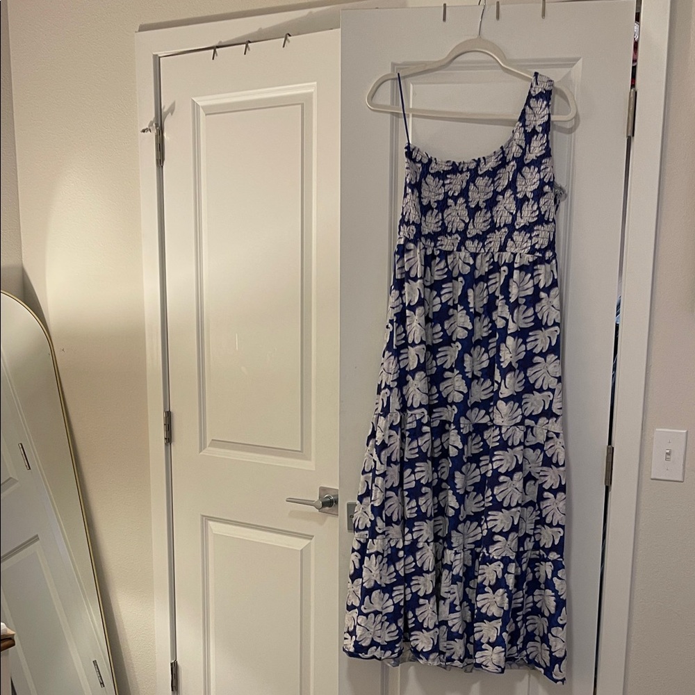 One-Shoulder Navy Dress with SilverGrey Tropical Print